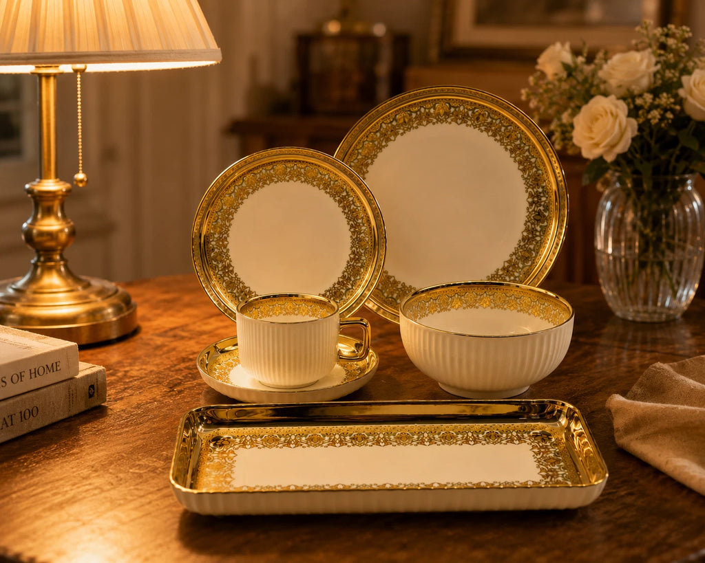 Luxury 32-Pieces White Porcelain Dinnerware Set with Ornate Gold Rim