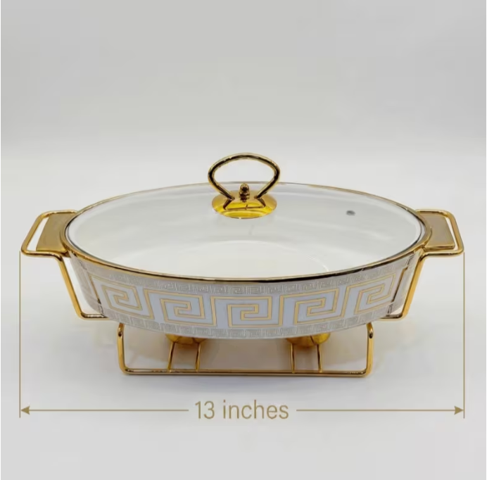13" Oval Ceramic Chafing Dish Food Warmer White Gold Greek Key Buffet Server Glass Lid