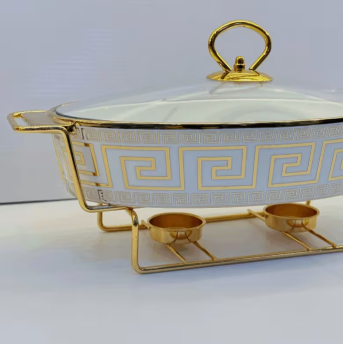 13" Oval Ceramic Chafing Dish Food Warmer White Gold Greek Key Buffet Server Glass Lid