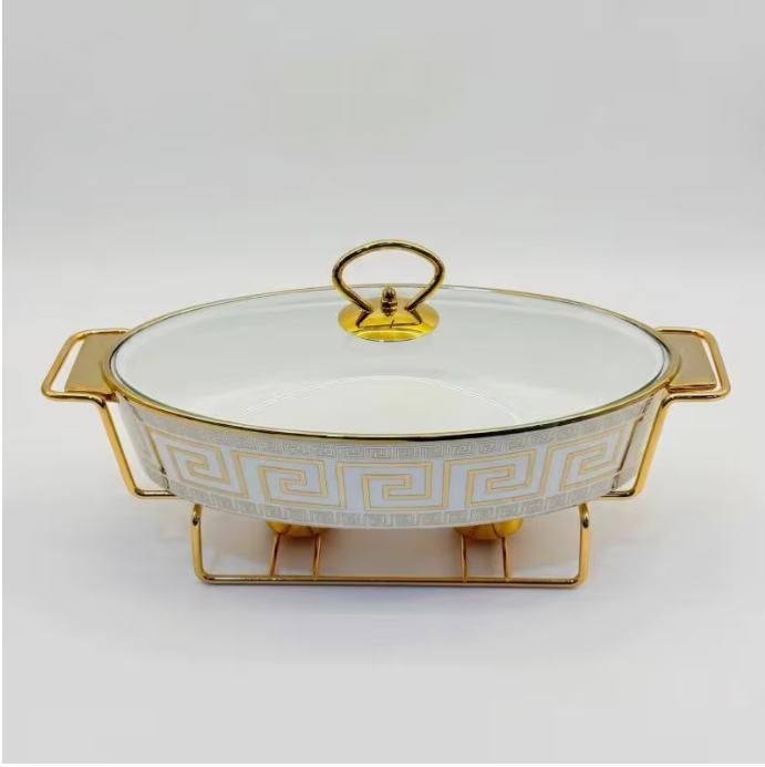 15" Oval Ceramic Chafing Dish Food Warmer White Gold Greek Key Buffet Server Glass Lid