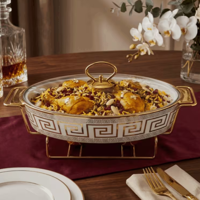 15" Oval Ceramic Chafing Dish Food Warmer White Gold Greek Key Buffet Server Glass Lid