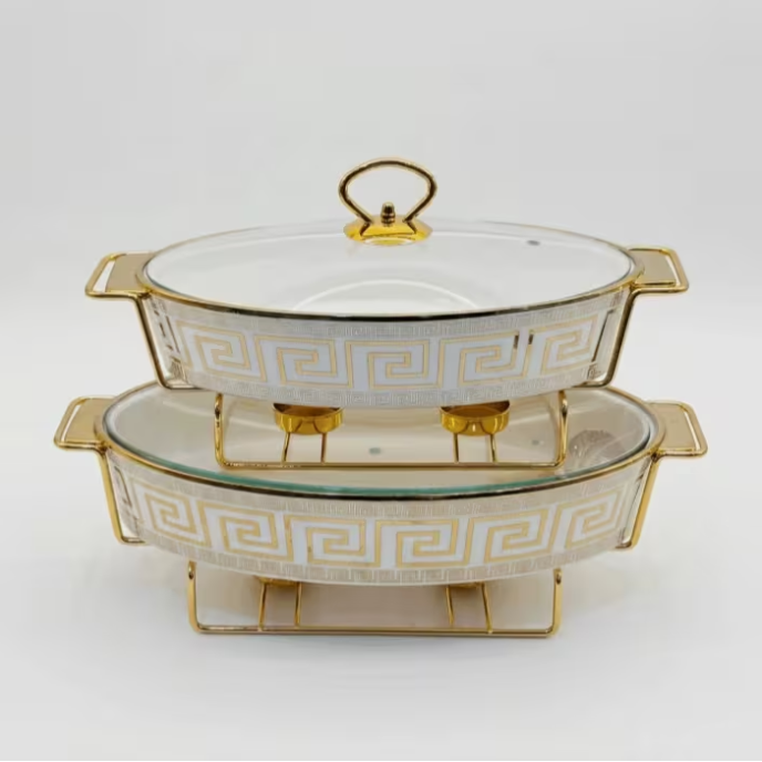 2pcs Ceramic Chafing Dish Set 13" 15" White Gold Greek Key Buffet Food Warmer Glass Lid Stand
