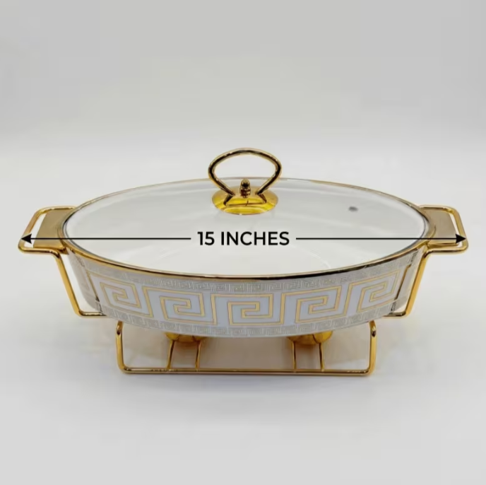 2pcs Ceramic Chafing Dish Set 13" 15" White Gold Greek Key Buffet Food Warmer Glass Lid Stand