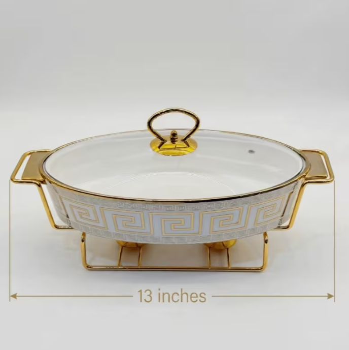 2pcs Ceramic Chafing Dish Set 13" 15" White Gold Greek Key Buffet Food Warmer Glass Lid Stand