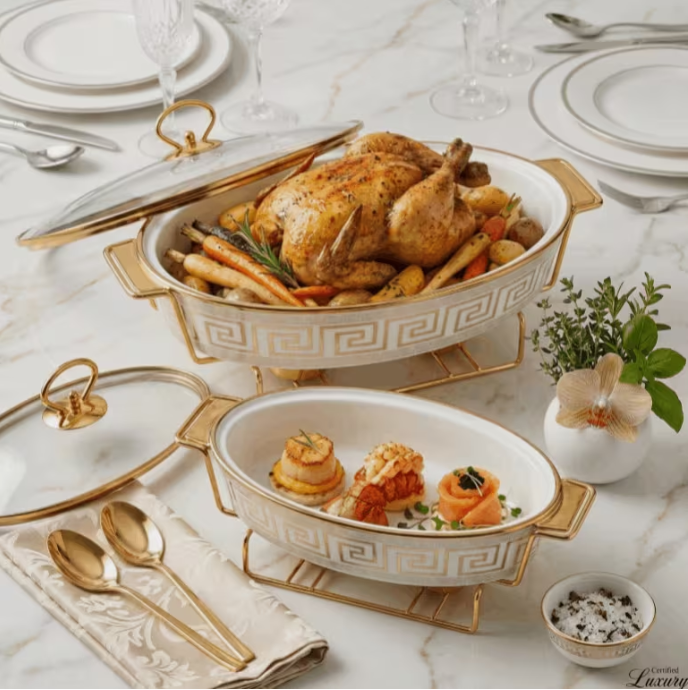 2pcs Ceramic Chafing Dish Set 13" 15" White Gold Greek Key Buffet Food Warmer Glass Lid Stand