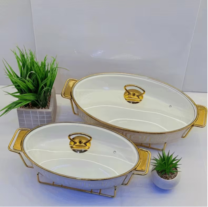 2pcs Ceramic Chafing Dish Set 13" 15" White Gold Greek Key Buffet Food Warmer Glass Lid Stand