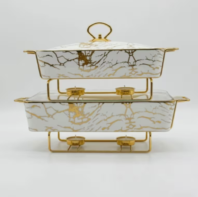 2Pcs Ceramic Chafing Dish Rectangular 13" 15" Marble Buffet Food Warmer Server Glass Lid Set