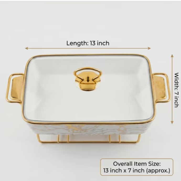 2Pcs Ceramic Chafing Dish Rectangular 13" 15" Marble Buffet Food Warmer Server Glass Lid Set