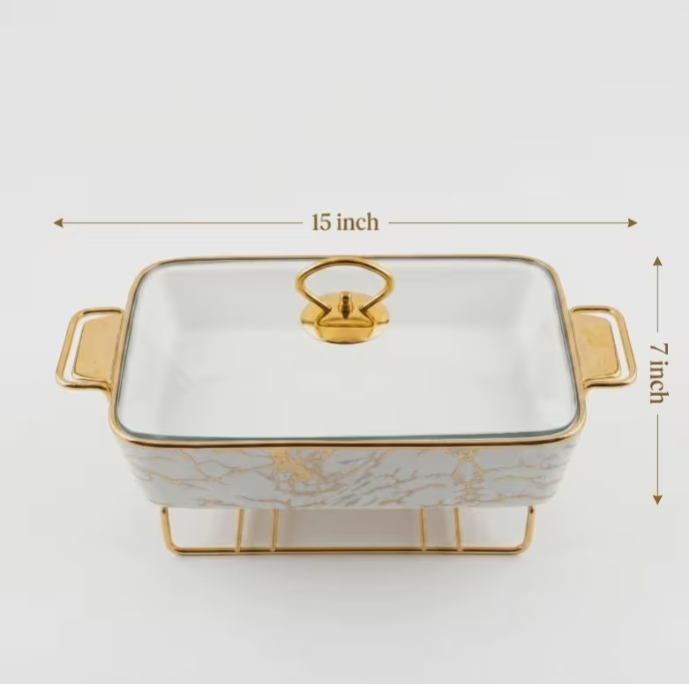 2Pcs Ceramic Chafing Dish Rectangular 13" 15" Marble Buffet Food Warmer Server Glass Lid Set
