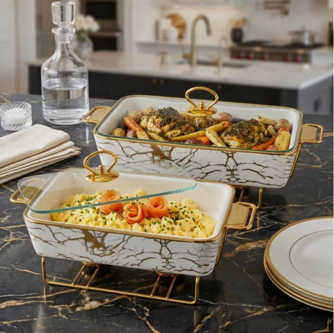 2Pcs Ceramic Chafing Dish Rectangular 13" 15" Marble Buffet Food Warmer Server Glass Lid Set