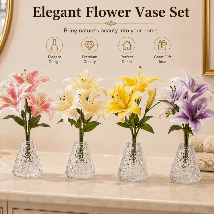 4pcs Clear Glass Vases – Small Decorative Table Flower Vase Set