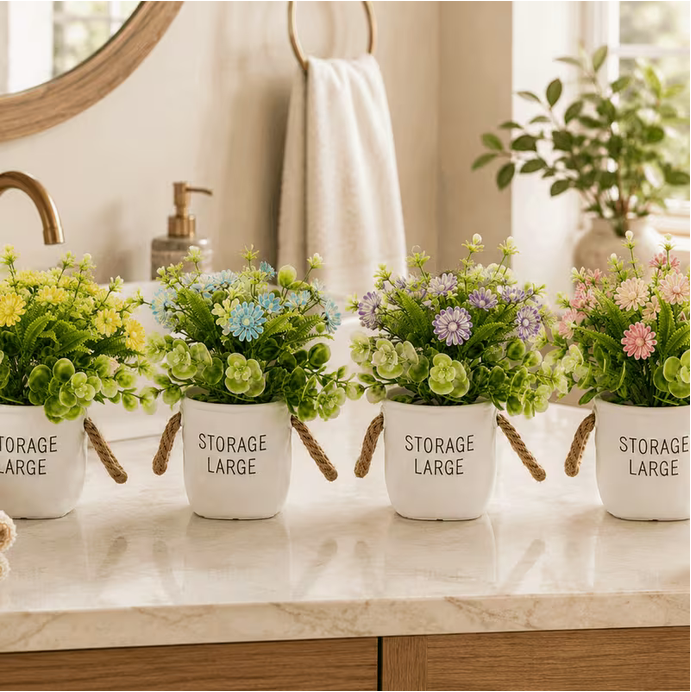 4PCS Decorative Artificial Plants with White Storage Pots – Modern Home Decor