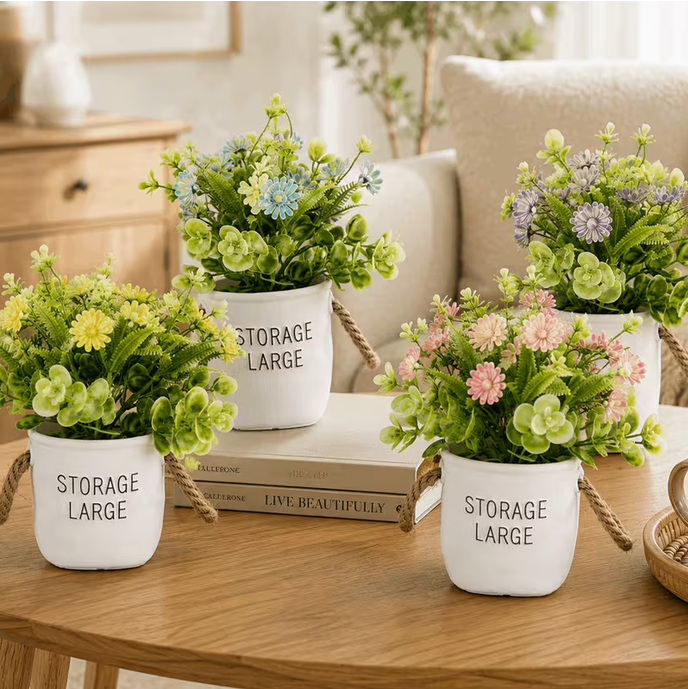 4PCS Decorative Artificial Plants with White Storage Pots – Modern Home Decor