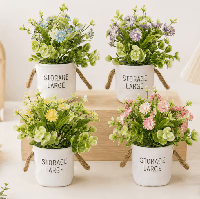 4PCS Decorative Artificial Plants with White Storage Pots – Modern Home Decor