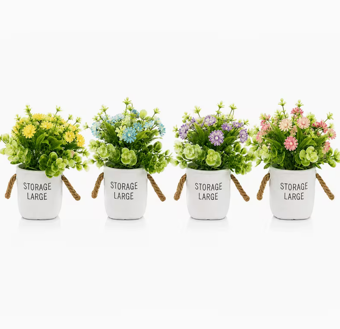 4PCS Decorative Artificial Plants with White Storage Pots – Modern Home Decor