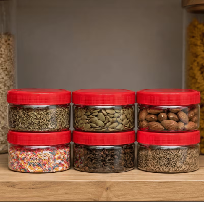 6 Pack Small Plastic Storage Containers with Lids – 150ml Clear Jars