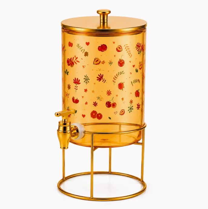 Beverage Dispenser with Tap & Stand – Amber Gold Juice Server Approx. 5L - 6L