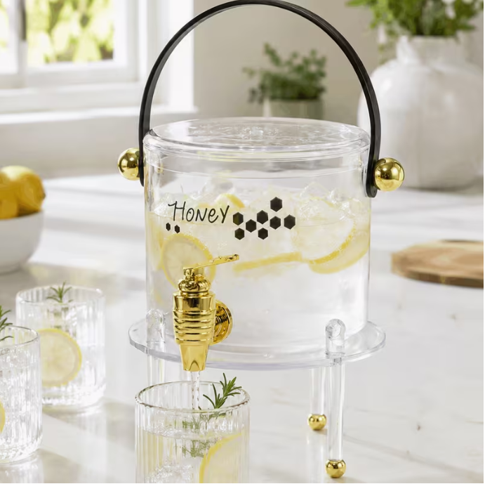 Clear Drink Dispenser with Gold Tap & Stand – Approx. 3L Beverage Cooler Juice Server for Parties & Events