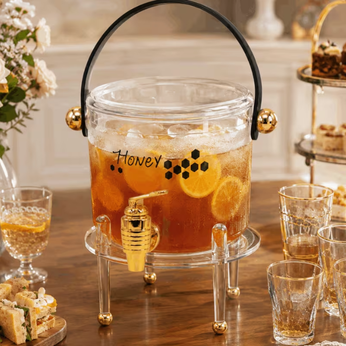 Clear Drink Dispenser with Gold Tap & Stand – Approx. 3L Beverage Cooler Juice Server for Parties & Events