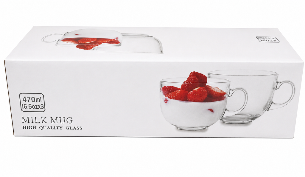 Set of 6 Clear Glass Milk Mugs with Handles – 470 ml Each
