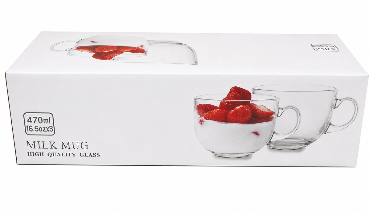 Set of 6 Clear Glass Milk Mugs with Handles – 470 ml Each