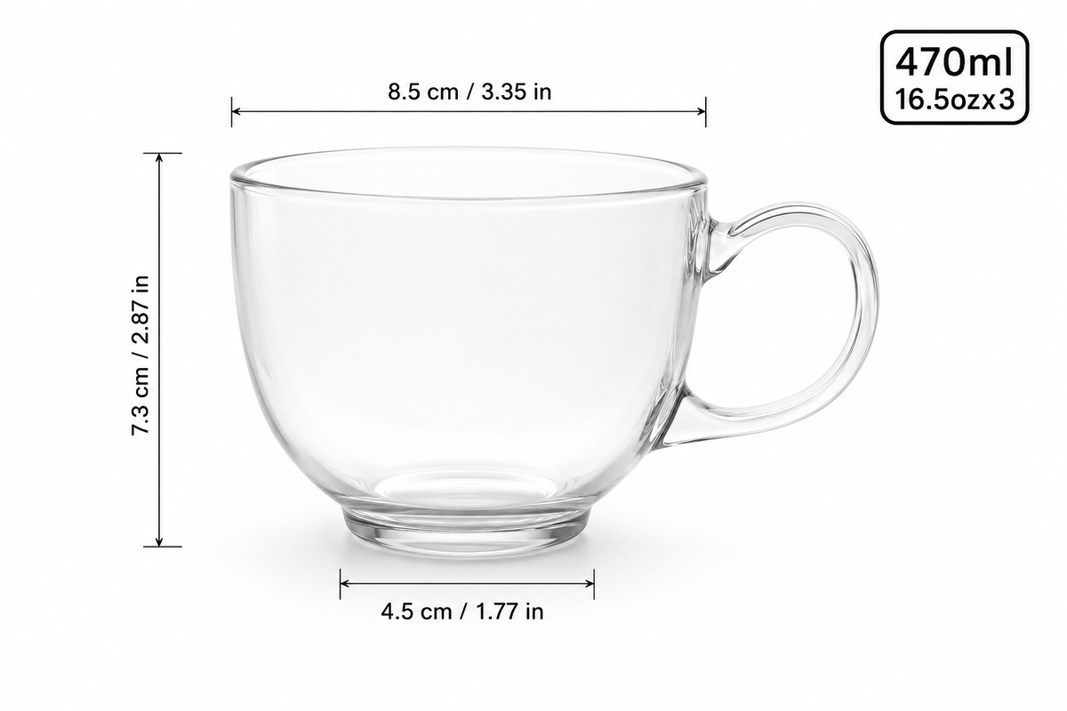 Set of 6 Clear Glass Milk Mugs with Handles – 470 ml Each