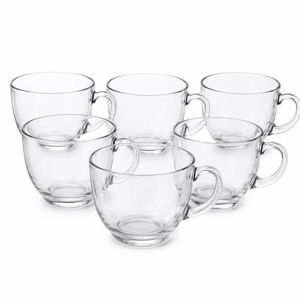 Set of 6 Clear Glass Milk Mugs with Handles – 470 ml Each