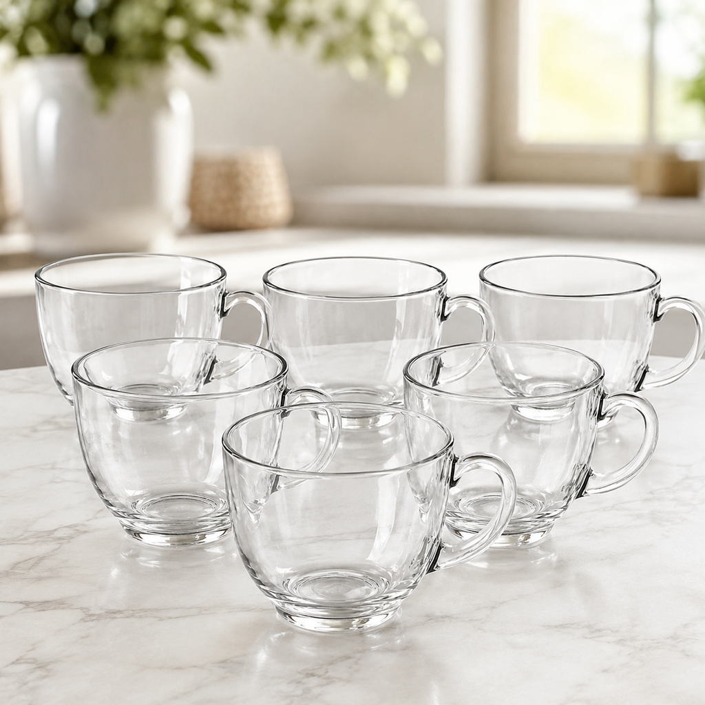 Set of 6 Clear Glass Milk Mugs with Handles – 470 ml Each