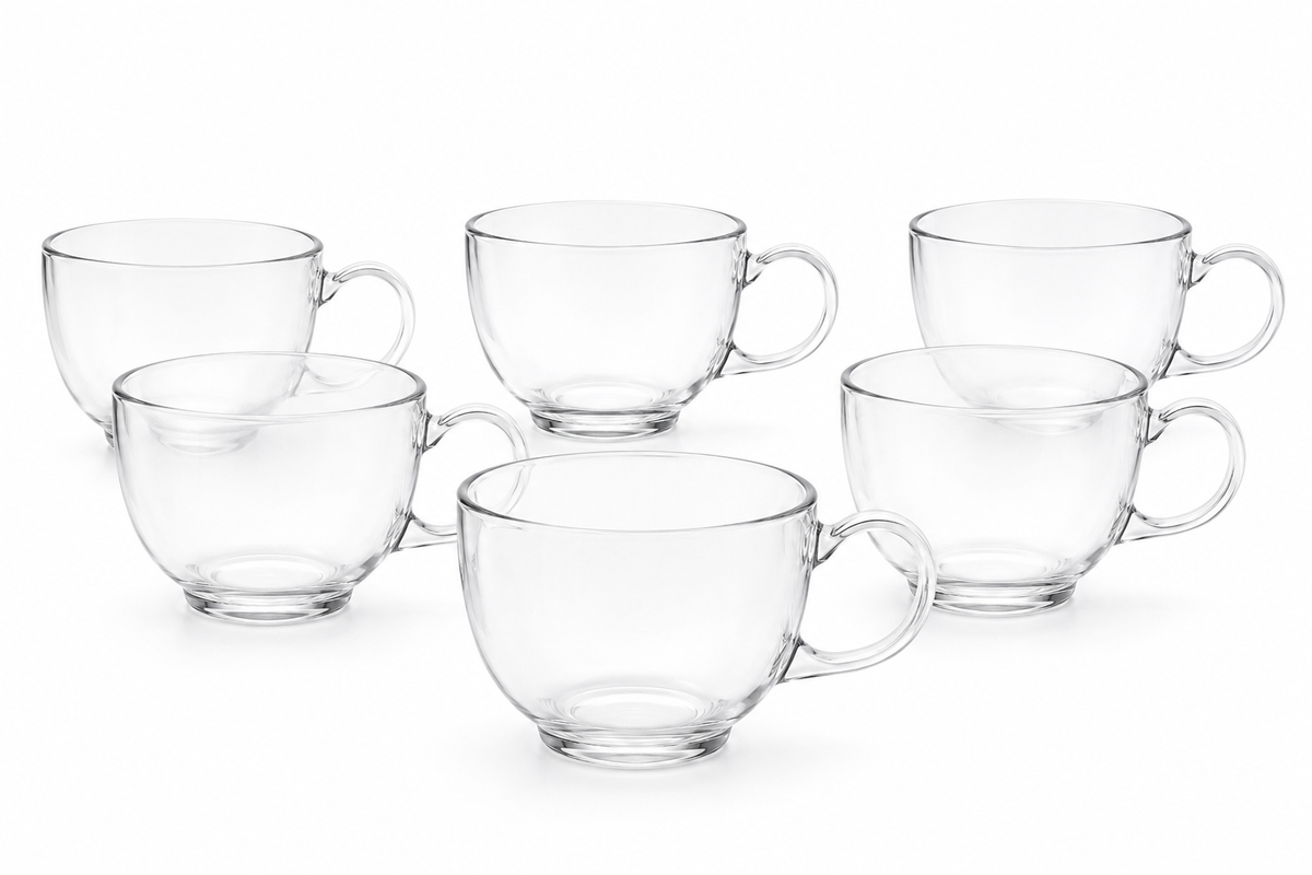 Set of 6 Clear Glass Milk Mugs with Handles – 470 ml Each
