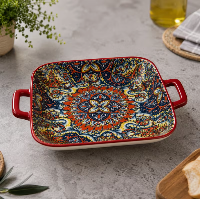 Large Rectangular Ceramic Serving Dish with Handles – Colorful Pattern Baking & Serving Tray (6PCs)