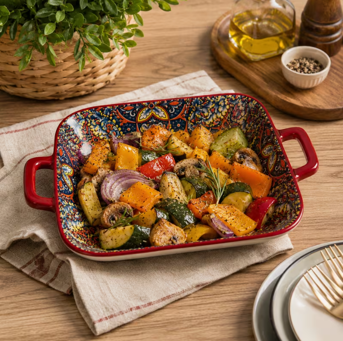 Large Rectangular Ceramic Serving Dish with Handles – Colorful Pattern Baking & Serving Tray (6PCs)