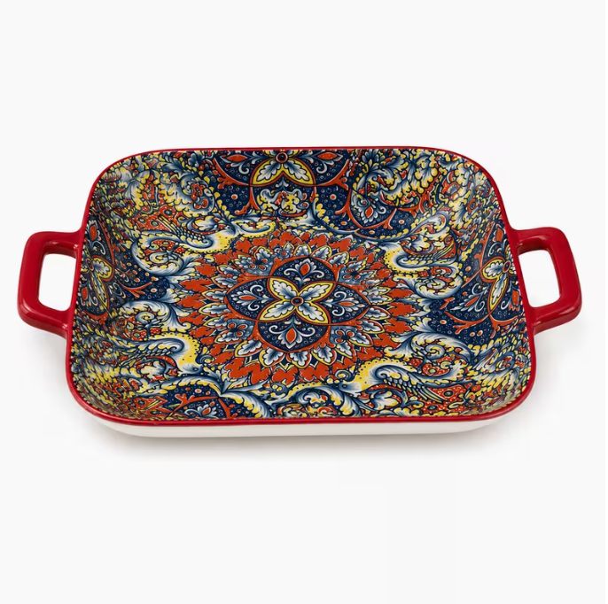 Large Rectangular Ceramic Serving Dish with Handles – Colorful Pattern Baking & Serving Tray (6PCs)