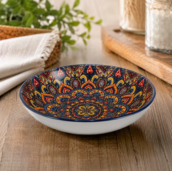 Set of 9 Round Ceramic Plates – Colorful Mandala Pattern Dinner & Serving Plates Premium Tableware Set