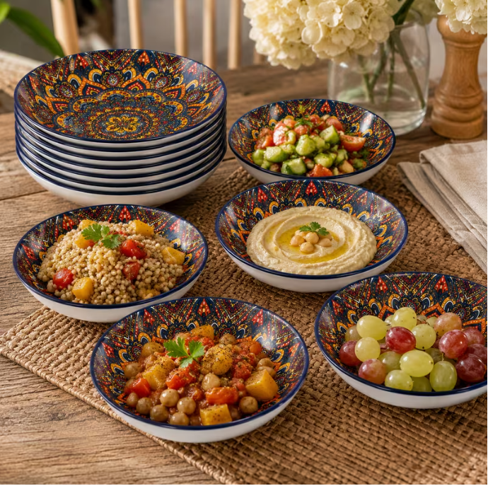 Set of 9 Round Ceramic Plates – Colorful Mandala Pattern Dinner & Serving Plates Premium Tableware Set
