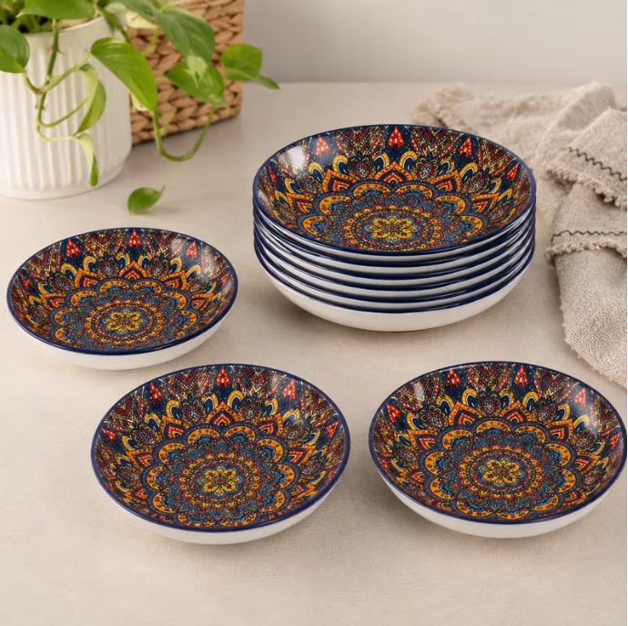 Set of 9 Round Ceramic Plates – Colorful Mandala Pattern Dinner & Serving Plates Premium Tableware Set