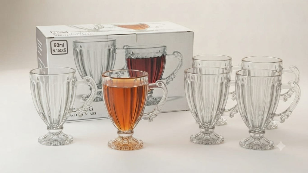 Set of 6 Glass Tea Cups 490ML – Large Clear Drinking Glasses for Tea, Coffee, Juice, Water & Cold Drinks