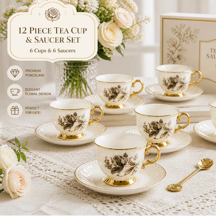 Vintage Floral Tea Set with Gold Trim, 12pcs Porcelain Cups & Saucers Set, Elegant Afternoon Tea Set for Home & Gifts