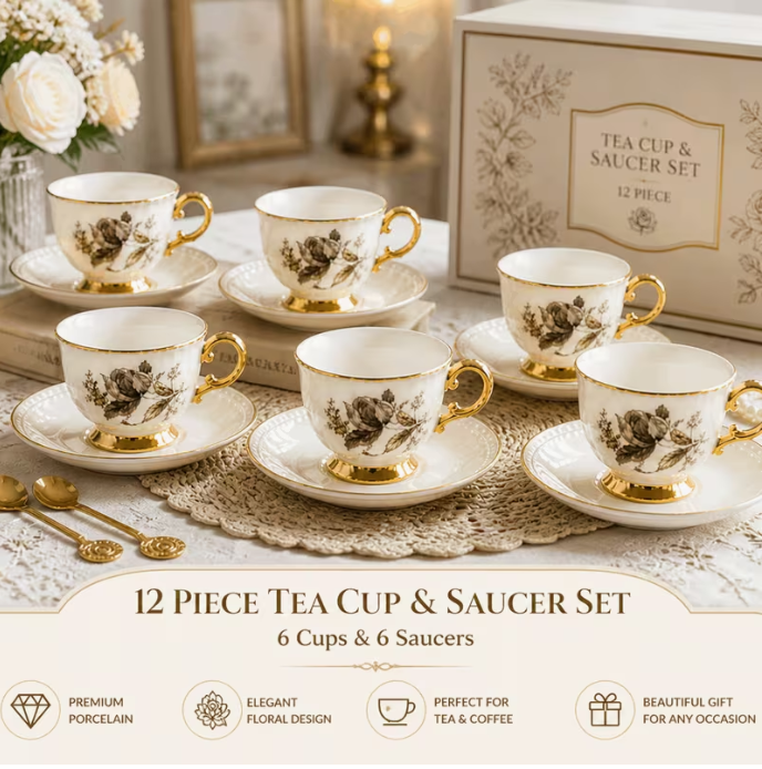 Vintage Floral Tea Set with Gold Trim, 12pcs Porcelain Cups & Saucers Set, Elegant Afternoon Tea Set for Home & Gifts