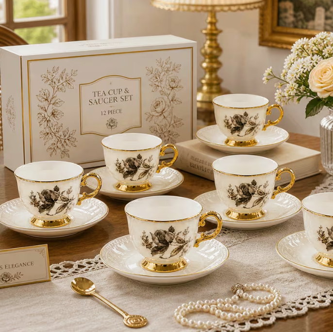 Vintage Floral Tea Set with Gold Trim, 12pcs Porcelain Cups & Saucers Set, Elegant Afternoon Tea Set for Home & Gifts