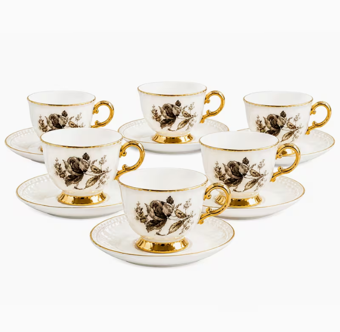 Vintage Floral Tea Set with Gold Trim, 12pcs Porcelain Cups & Saucers Set, Elegant Afternoon Tea Set for Home & Gifts
