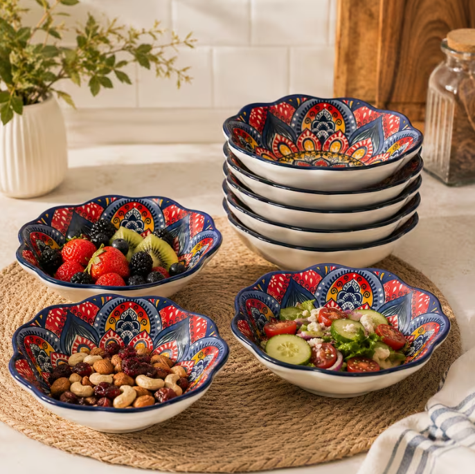 Set of 9 Mandala Serving Bowls Colorful Decorative Salad Dessert Bowls Kitchen Dining