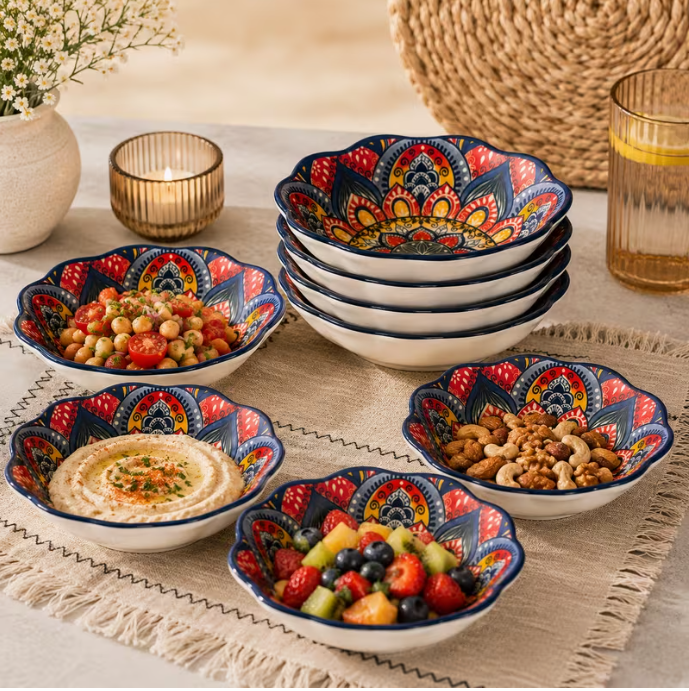 Set of 9 Mandala Serving Bowls Colorful Decorative Salad Dessert Bowls Kitchen Dining