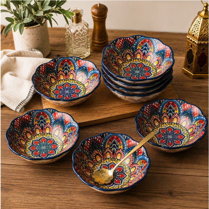 Set of 9 Mandala Serving Bowls Colorful Decorative Salad Dessert Bowls Kitchen Dining