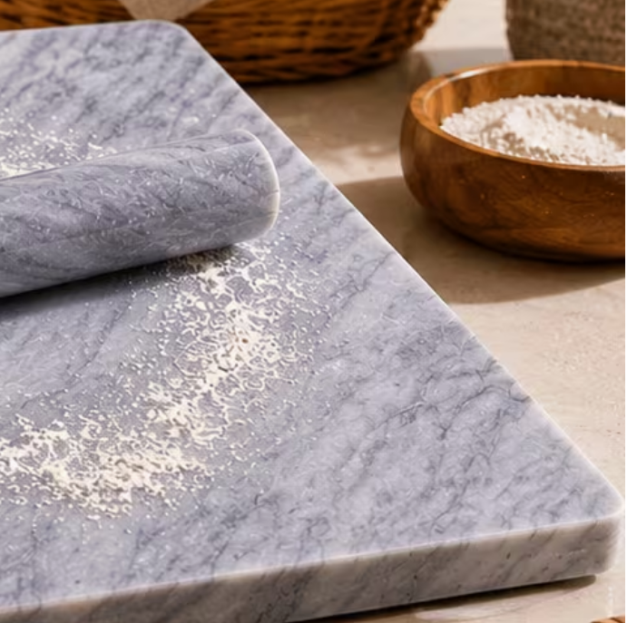 Extra Large Marble Pastry Board with Rolling Pin – 38cm Natural Stone Baking Surface, Heavy Duty Dough Board