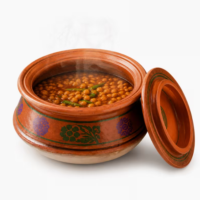 Handmade Terracotta Clay Cooking Pot with Lid – Traditional Earthenware Round Bottom Casserole Dish (Small Size 7.5Inch)