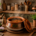 Handmade Terracotta Clay Cooking Pot with Lid – Traditional Earthenware Round Bottom Casserole Dish (Large Size 10Inch)