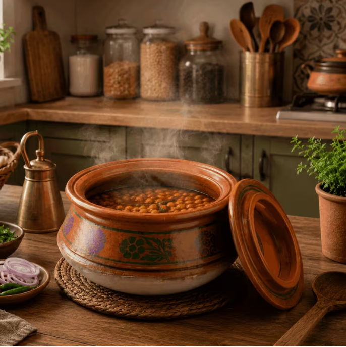 Handmade Terracotta Clay Cooking Pot with Lid – Traditional Earthenware Round Bottom Casserole Dish (Large Size 10Inch)