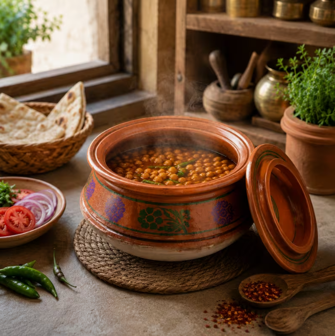Handmade Terracotta Clay Cooking Pot with Lid – Traditional Earthenware Round Bottom Casserole Dish (Large Size 10Inch)