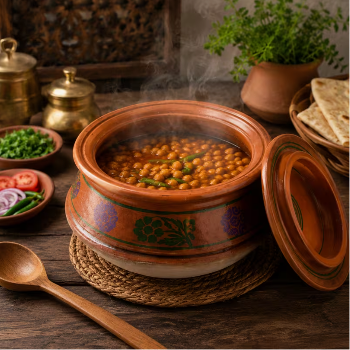 Handmade Terracotta Clay Cooking Pot with Lid – Traditional Earthenware Round Bottom Casserole Dish (Large Size 10Inch)