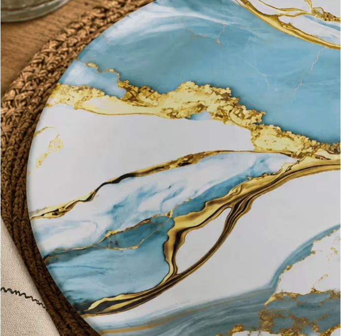 Marble Pattern Dinner Plates Set of 4 – 23cm Luxury Blue & Gold Serving Plates | Modern Tableware